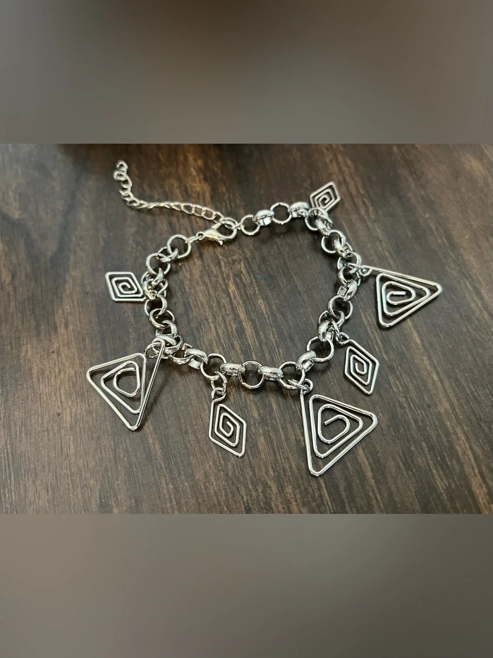 Y2K Silver Triangle Charm Bracelet Swirl Motif Boho Art Deco Chic ✨